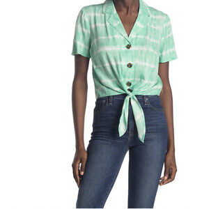 Love, Fire Collared Tie Hem Crop Buttons Up Shirt In Green Dye Effect Size L